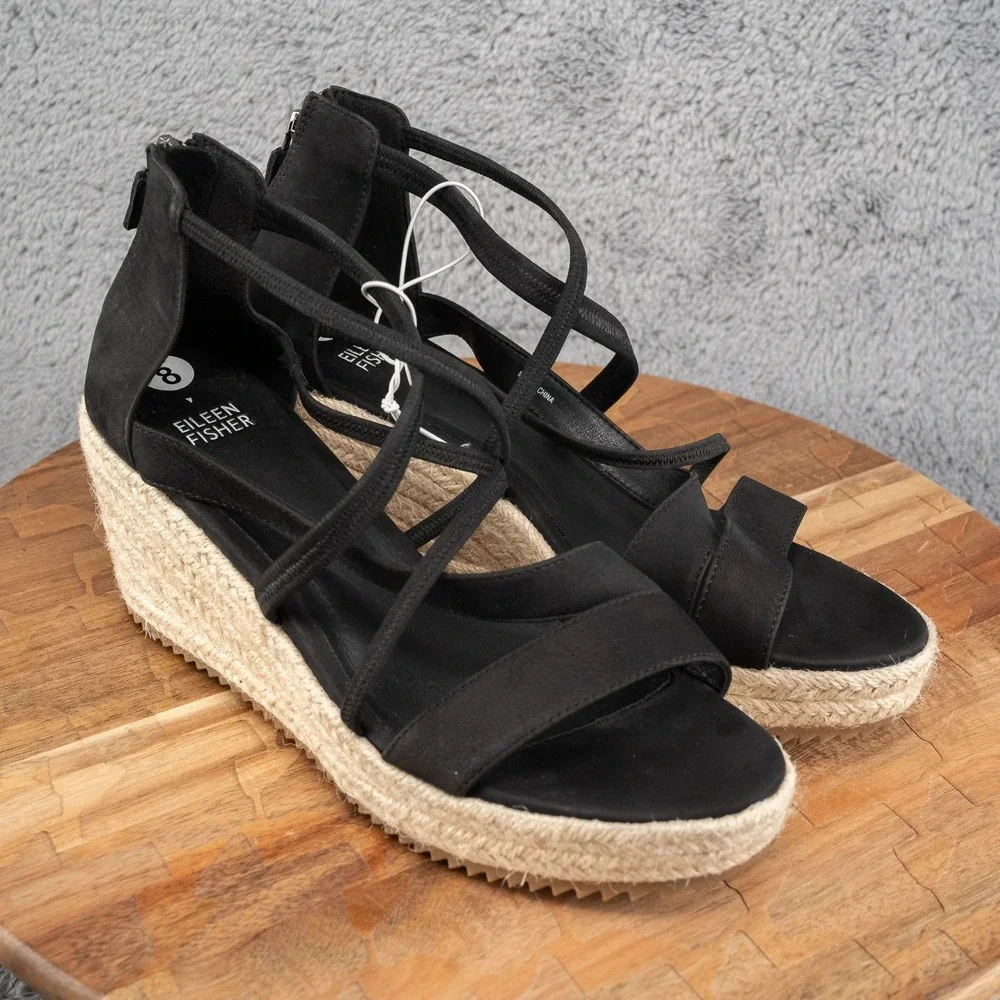 Eileen Fisher Largo‎ Black Tumbled Nubuck Leather Espadrille Wedge Sandal 8
